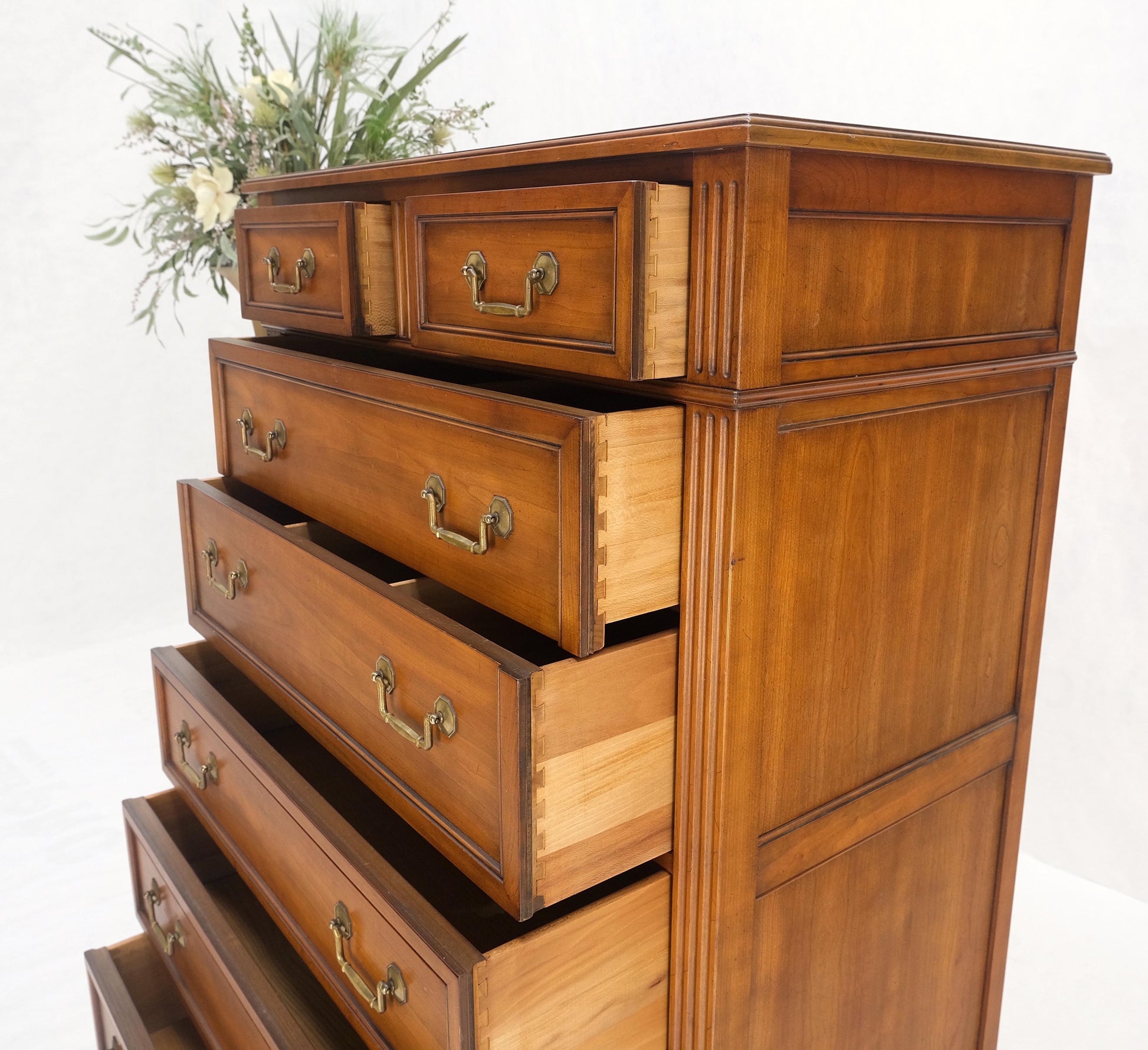 EstablishedLines Kindel 7 Drawers Fruitwood Heavy Brass Drop Pulls High Chest Tall Dresser Mint!