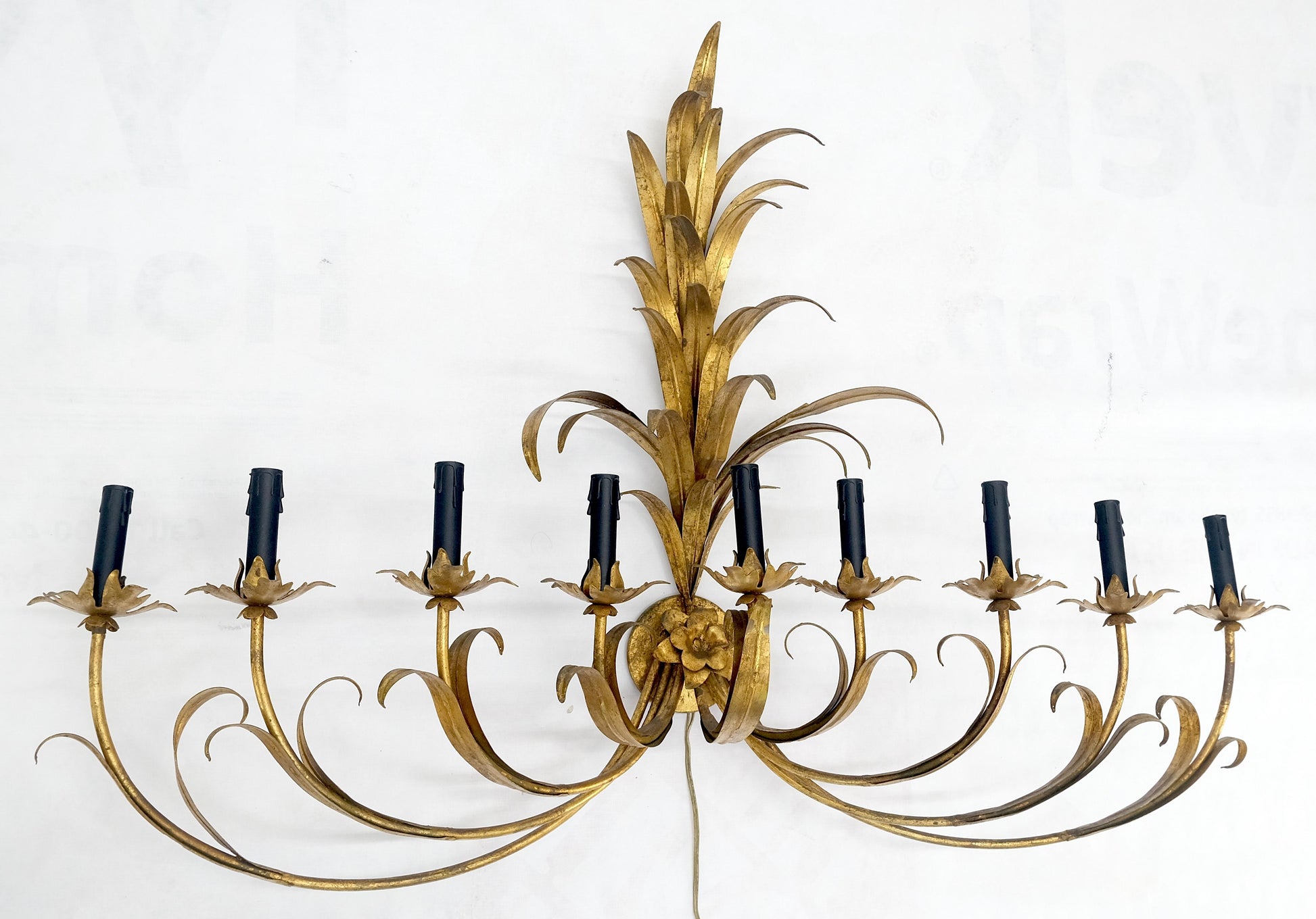 EstablishedLines 9 "Candles" Light Gilt Metal Sheaf of Leaves Motive Italian Wall Sconce MINT!