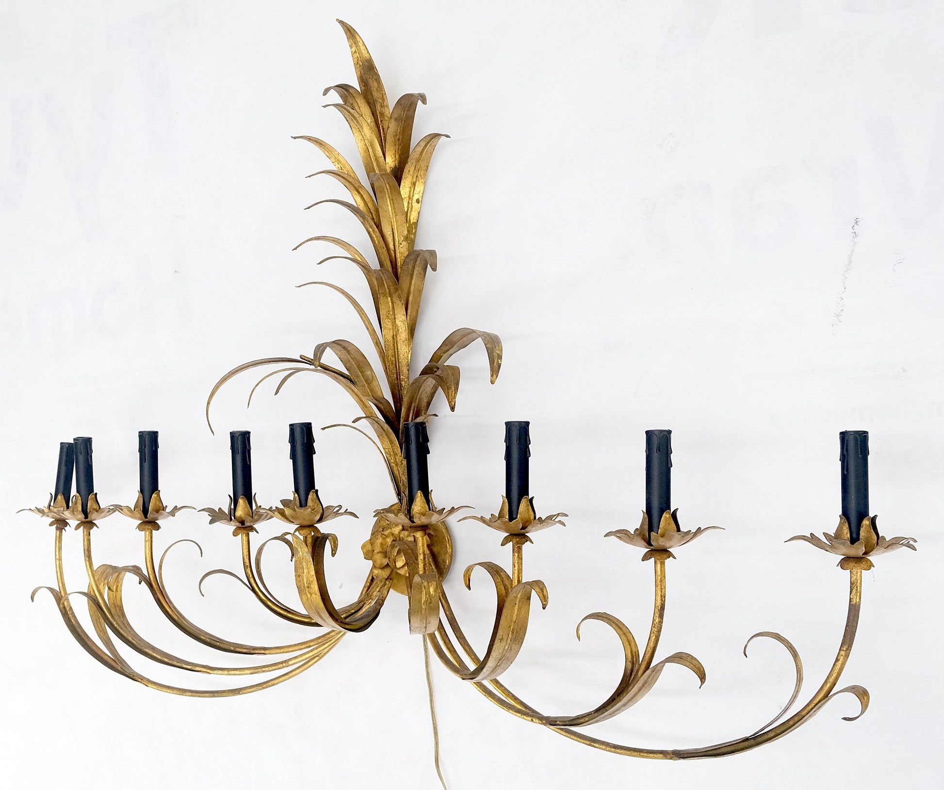 EstablishedLines 9 "Candles" Light Gilt Metal Sheaf of Leaves Motive Italian Wall Sconce MINT!