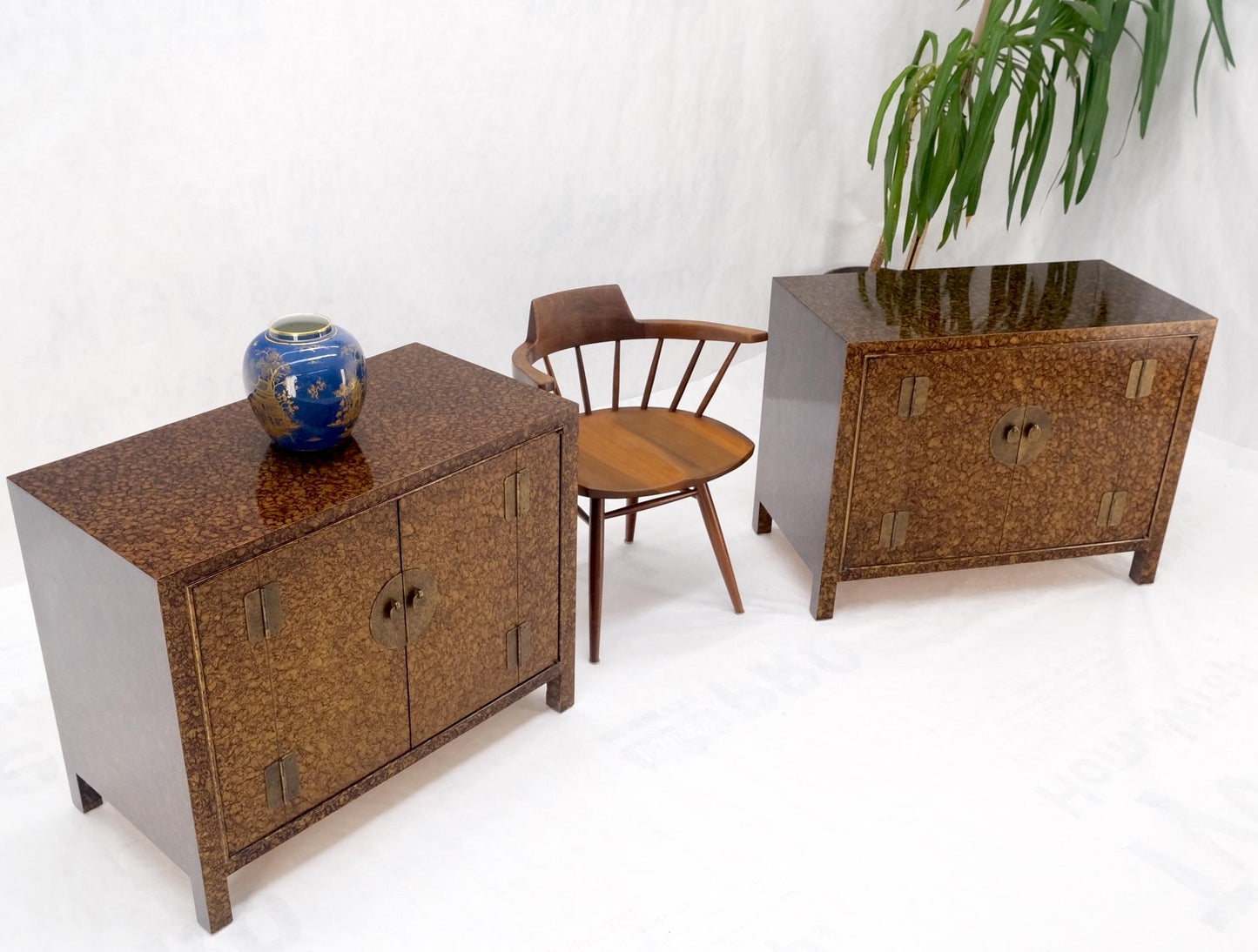 EstablishedLines Pair Faux Gold Tortoise Heavy Brass Pulls Two Door Credenzas Dresser Mint!