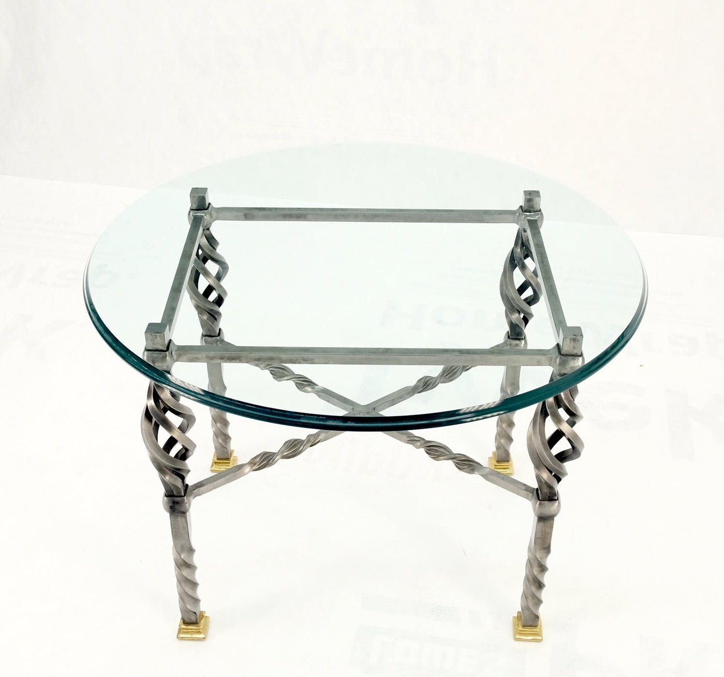 EstablishedLines Wrought Iron Art Ornament Brass Tips Feet Oval Glass Top Side End Coffee Table