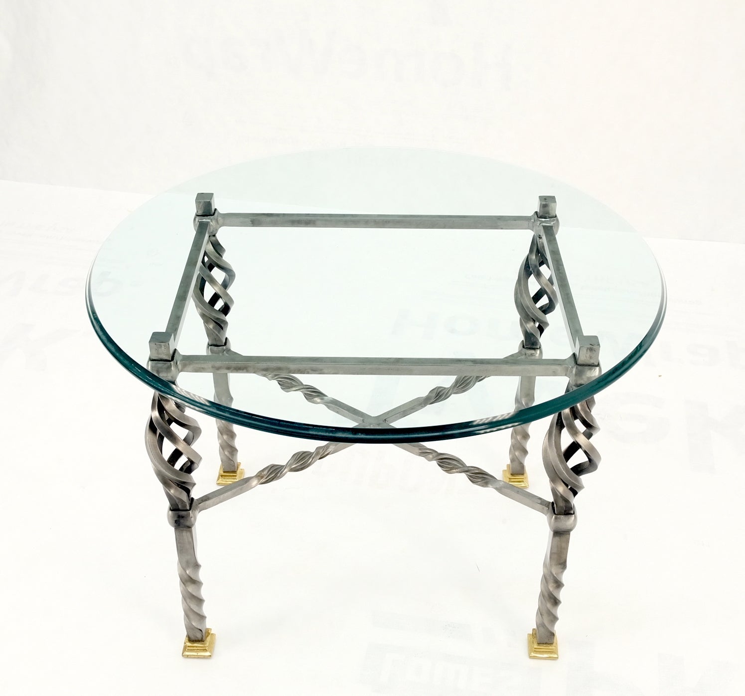 EstablishedLines Wrought Iron Art Ornament Brass Tips Feet Oval Glass Top Side End Coffee Table
