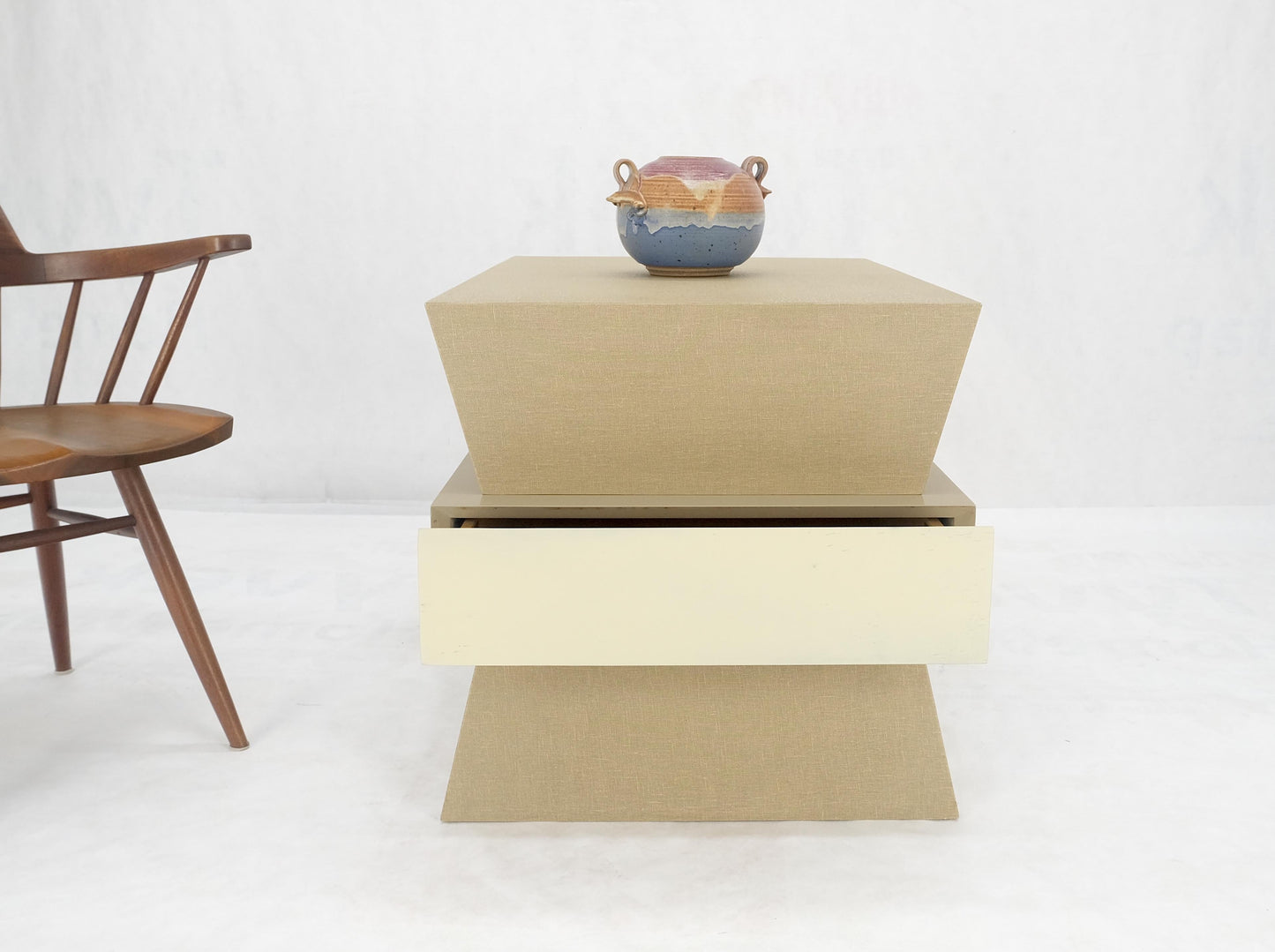 EstablishedLines Linen Wrapped Ernest C. Masi "Sheaf of Wheet" Shape One Drawer End Table MINT