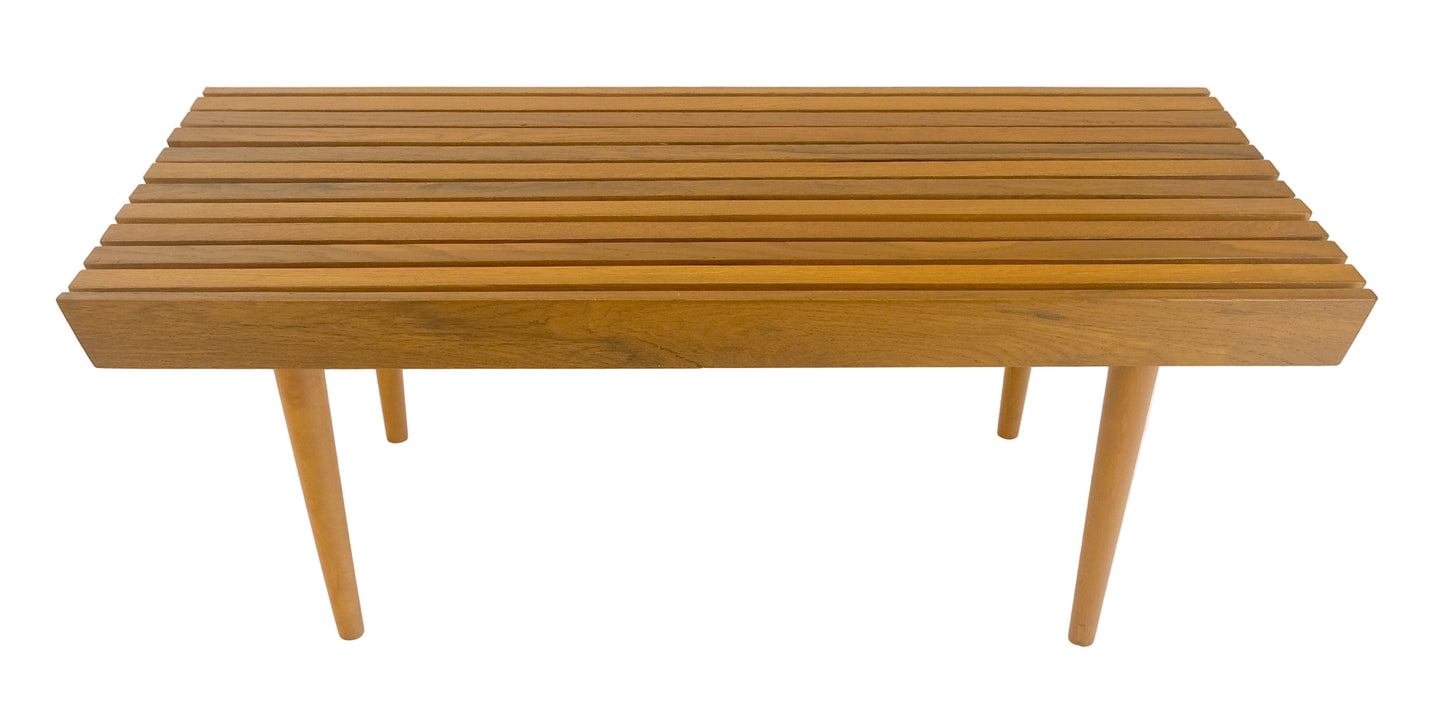 Modern Light Golden Solid Oak Slat Bench Turned Legs Lacquer Finish USA
