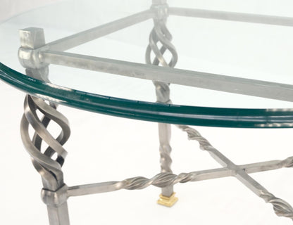 EstablishedLines Wrought Iron Art Ornament Brass Tips Feet Oval Glass Top Side End Coffee Table