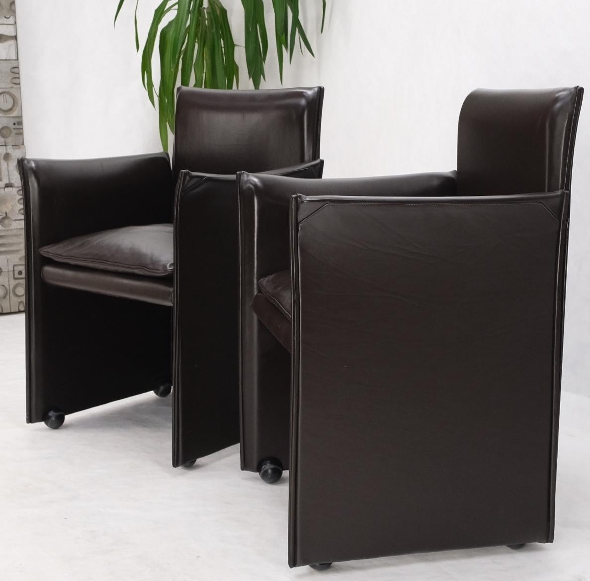 EstablishedLines Pair of Dark Brown Plum Leather Break Side Chairs Mario Bellini for Cassina Mint
