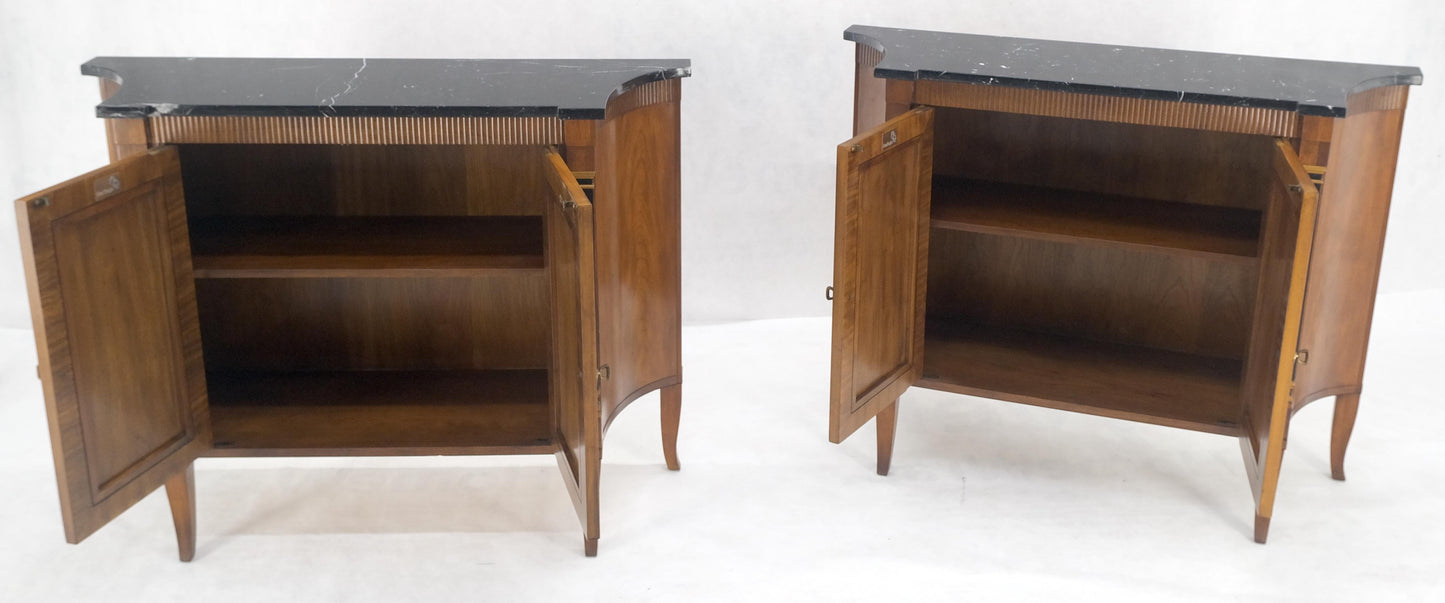 Pair Regency Style Burl Walnut Scallop Banding Black Marble Top Cabinet Credenza