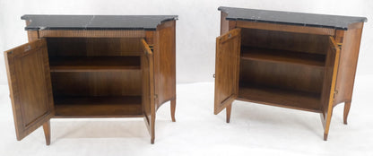 Pair Regency Style Burl Walnut Scallop Banding Black Marble Top Cabinet Credenza