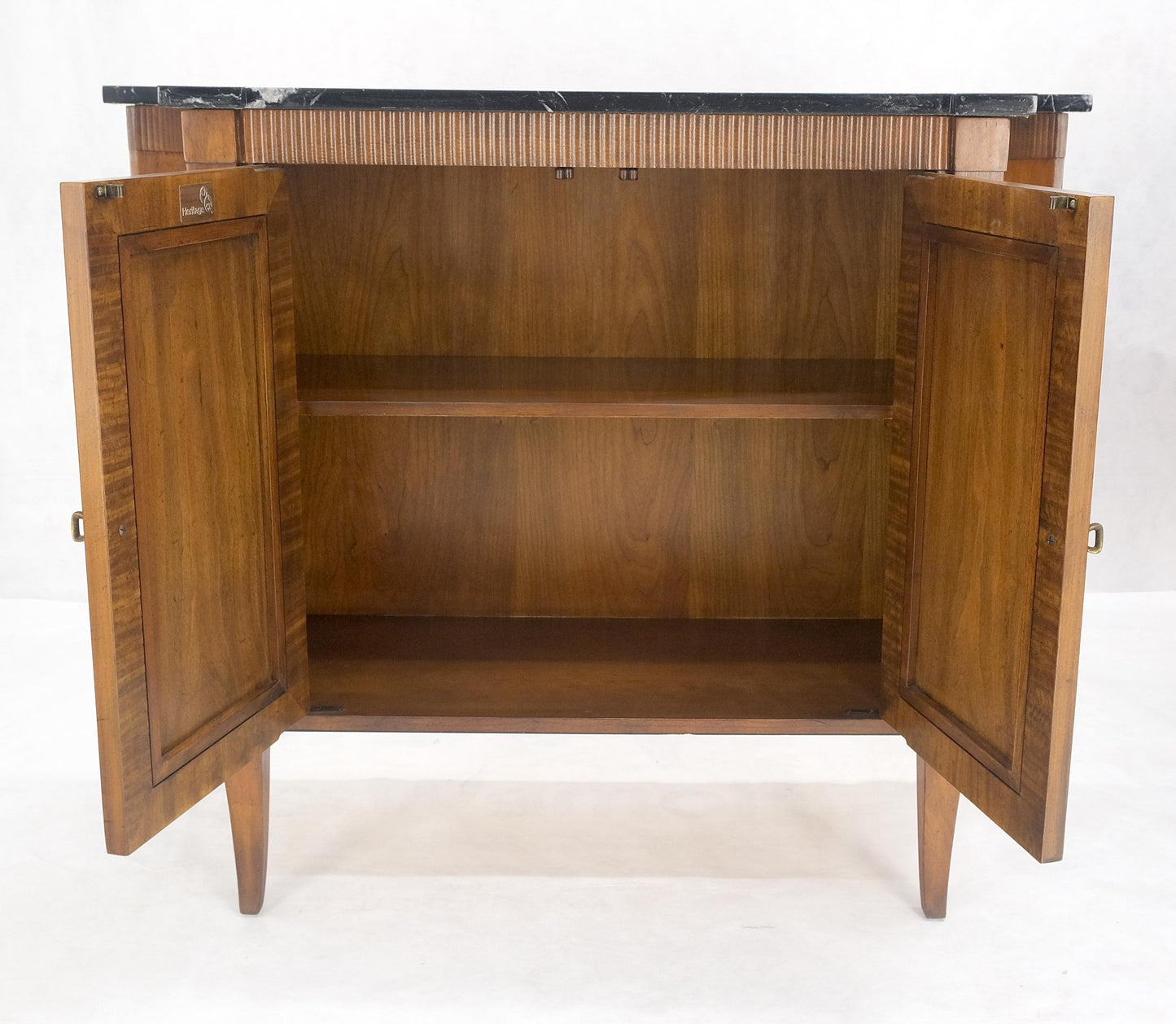Pair Regency Style Burl Walnut Scallop Banding Black Marble Top Cabinet Credenza
