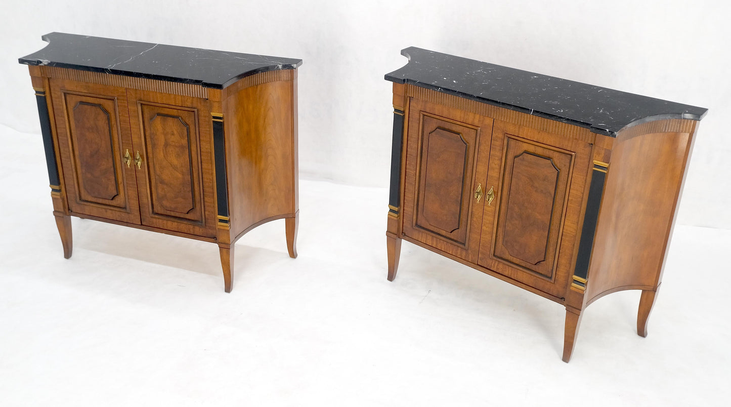 Pair Regency Style Burl Walnut Scallop Banding Black Marble Top Cabinet Credenza