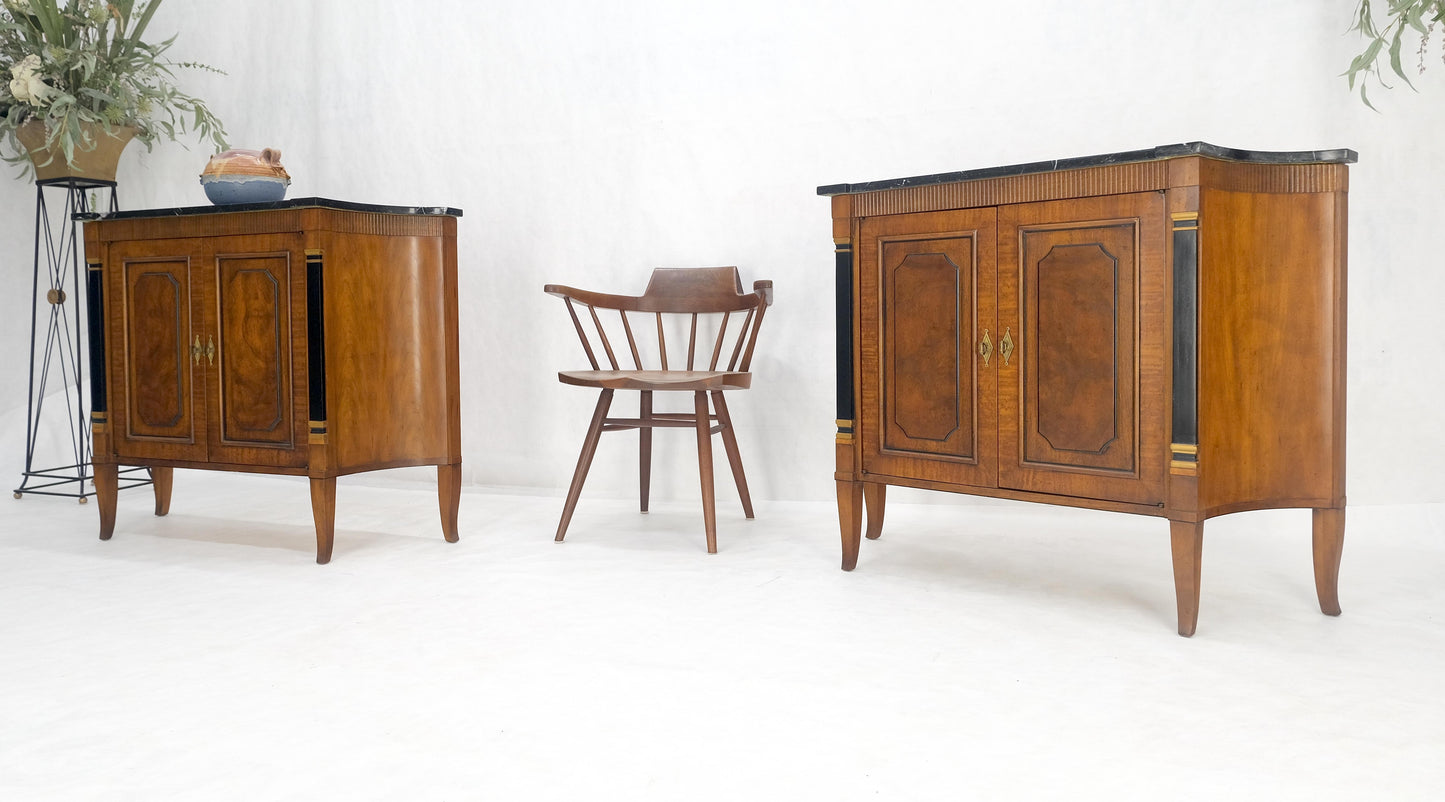 Pair Regency Style Burl Walnut Scallop Banding Black Marble Top Cabinet Credenza