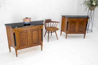 Pair Regency Style Burl Walnut Scallop Banding Black Marble Top Cabinet Credenza