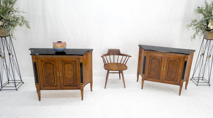 Pair Regency Style Burl Walnut Scallop Banding Black Marble Top Cabinet Credenza