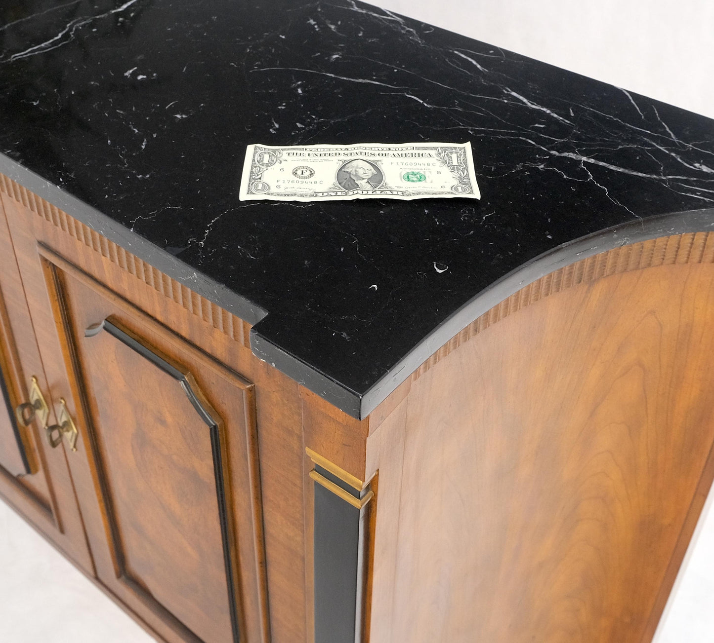 Pair Regency Style Burl Walnut Scallop Banding Black Marble Top Cabinet Credenza
