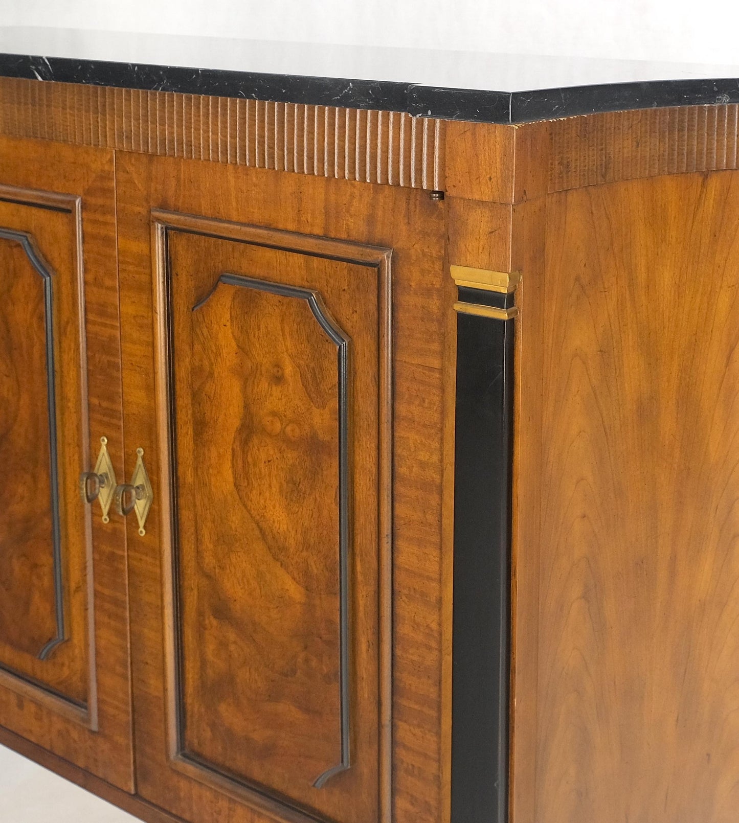 Pair Regency Style Burl Walnut Scallop Banding Black Marble Top Cabinet Credenza