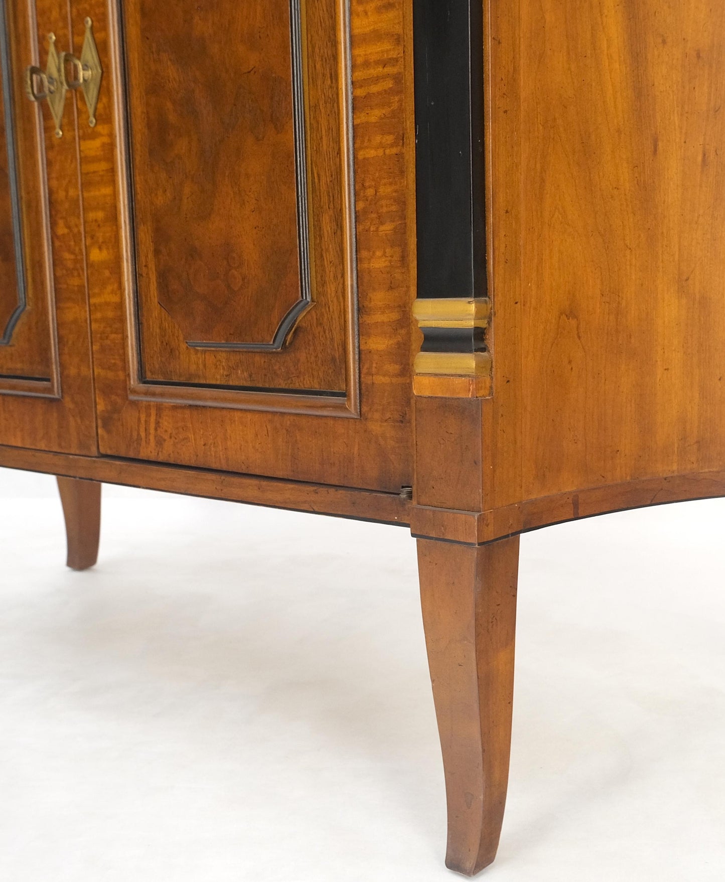 Pair Regency Style Burl Walnut Scallop Banding Black Marble Top Cabinet Credenza