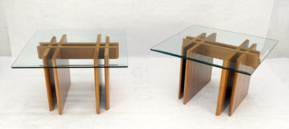 EstablishedLines Pair Danish Teak Mid Century Modern Glass Tops End Side Lamp Tables Stands Mint