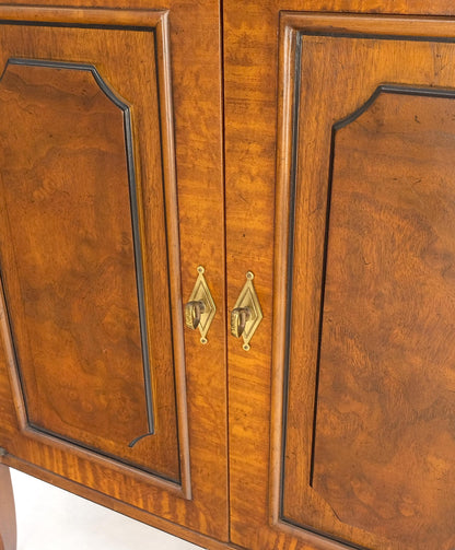 Pair Regency Style Burl Walnut Scallop Banding Black Marble Top Cabinet Credenza