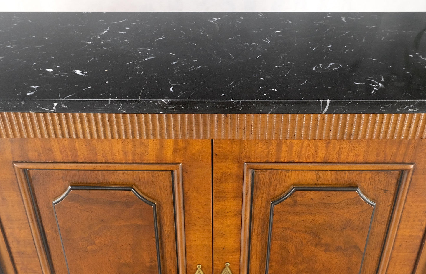 Pair Regency Style Burl Walnut Scallop Banding Black Marble Top Cabinet Credenza