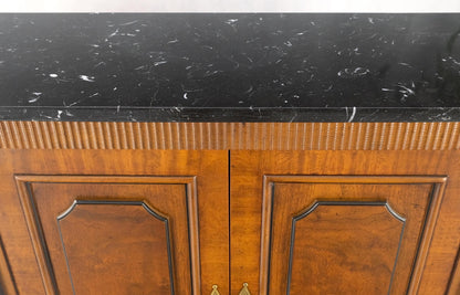 Pair Regency Style Burl Walnut Scallop Banding Black Marble Top Cabinet Credenza