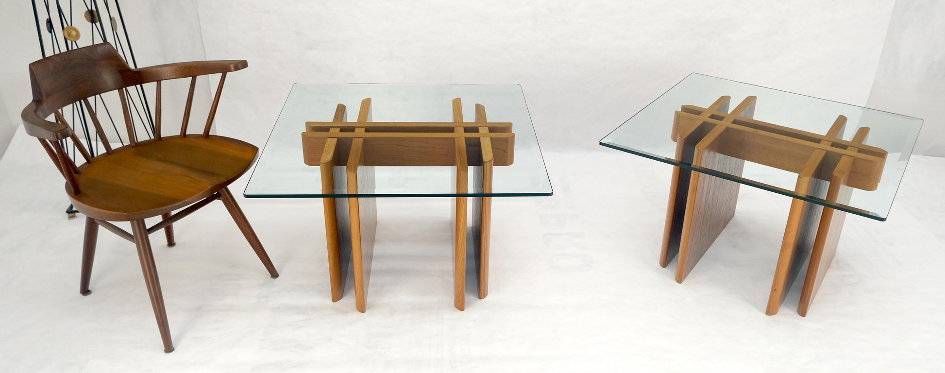 EstablishedLines Pair Danish Teak Mid Century Modern Glass Tops End Side Lamp Tables Stands Mint