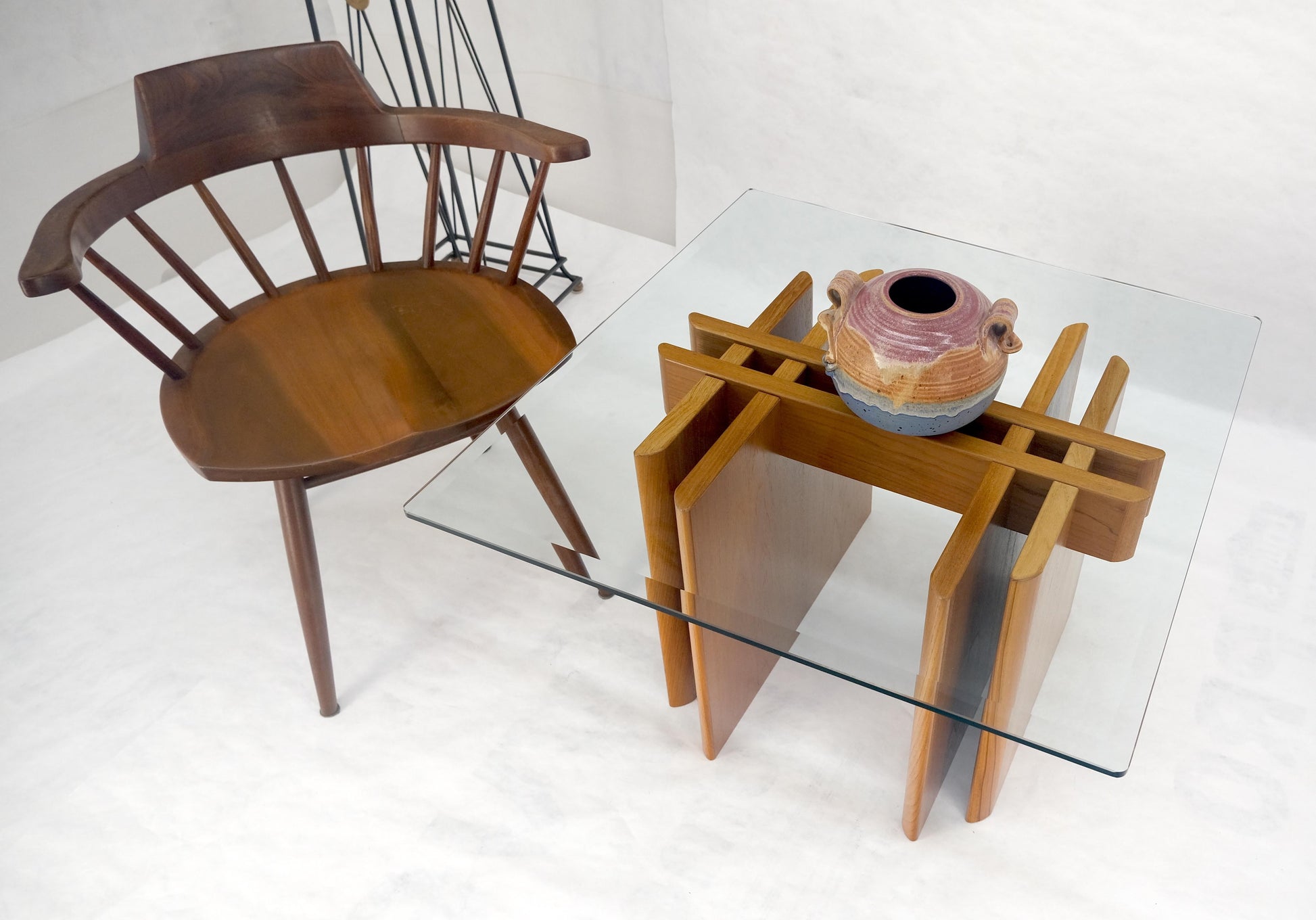 EstablishedLines Pair Danish Teak Mid Century Modern Glass Tops End Side Lamp Tables Stands Mint