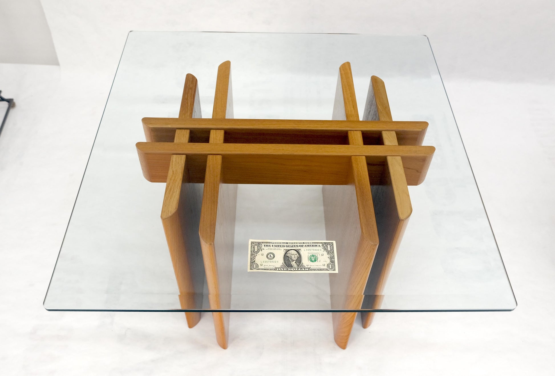 EstablishedLines Pair Danish Teak Mid Century Modern Glass Tops End Side Lamp Tables Stands Mint