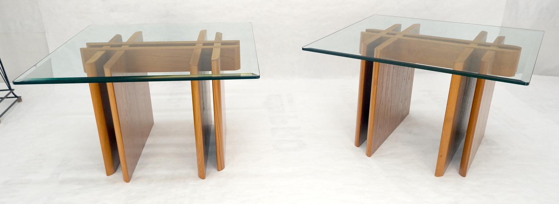 EstablishedLines Pair Danish Teak Mid Century Modern Glass Tops End Side Lamp Tables Stands Mint