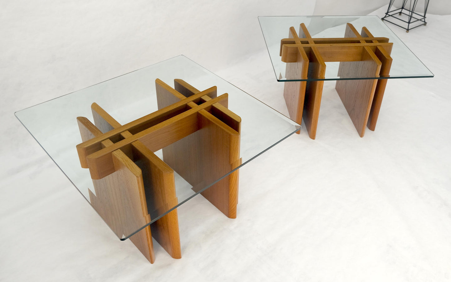 EstablishedLines Pair Danish Teak Mid Century Modern Glass Tops End Side Lamp Tables Stands Mint