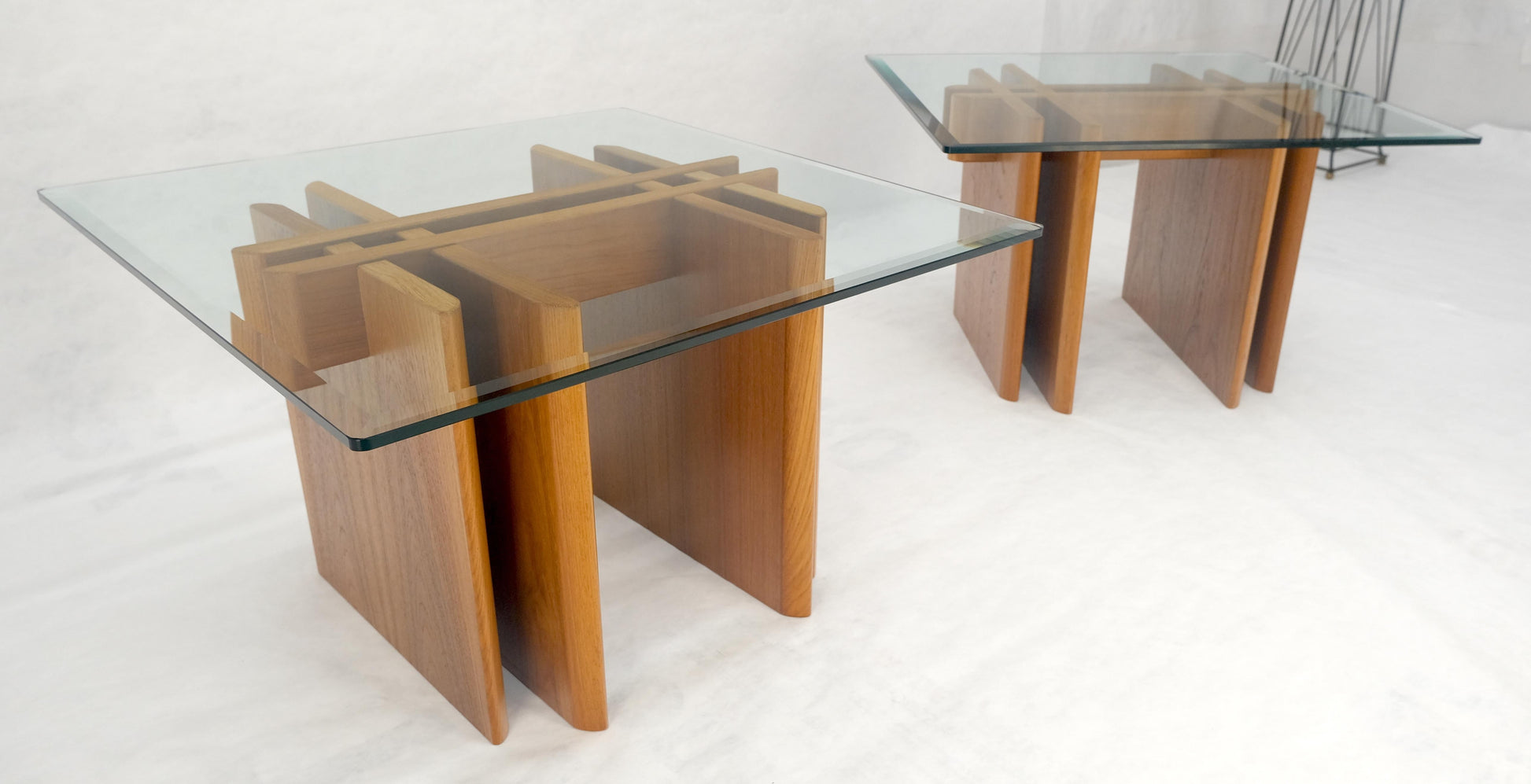 EstablishedLines Pair Danish Teak Mid Century Modern Glass Tops End Side Lamp Tables Stands Mint