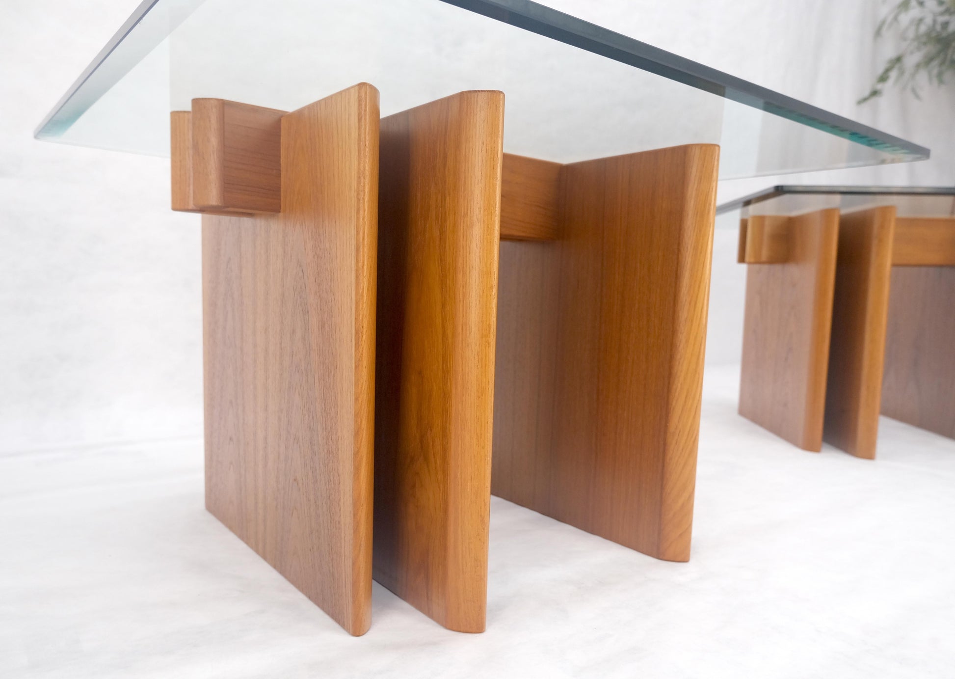 EstablishedLines Pair Danish Teak Mid Century Modern Glass Tops End Side Lamp Tables Stands Mint