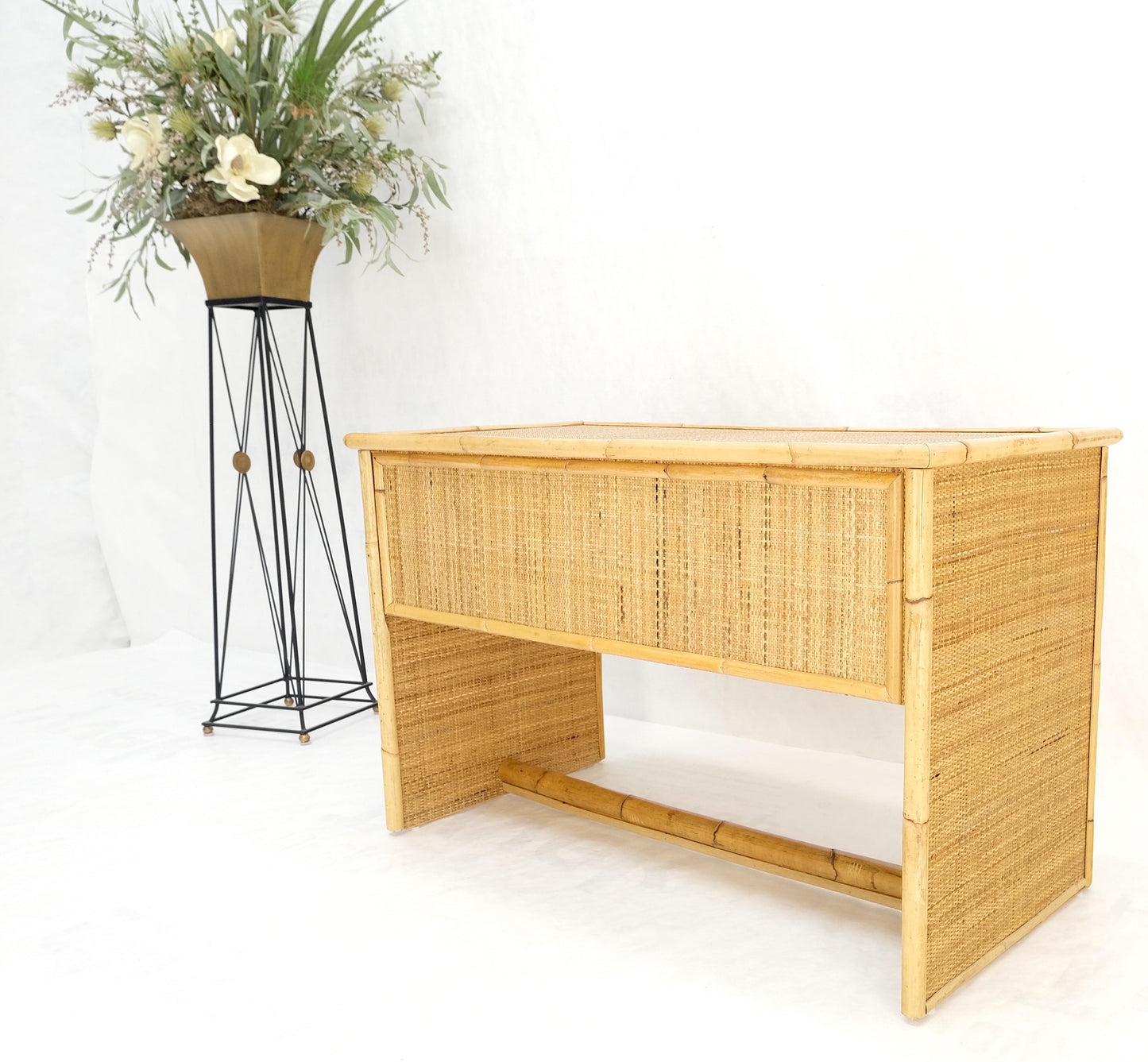 Mid-Century Modern Bamboo Rattan Cane Two Drawers Brass Pulls Decorative Desk