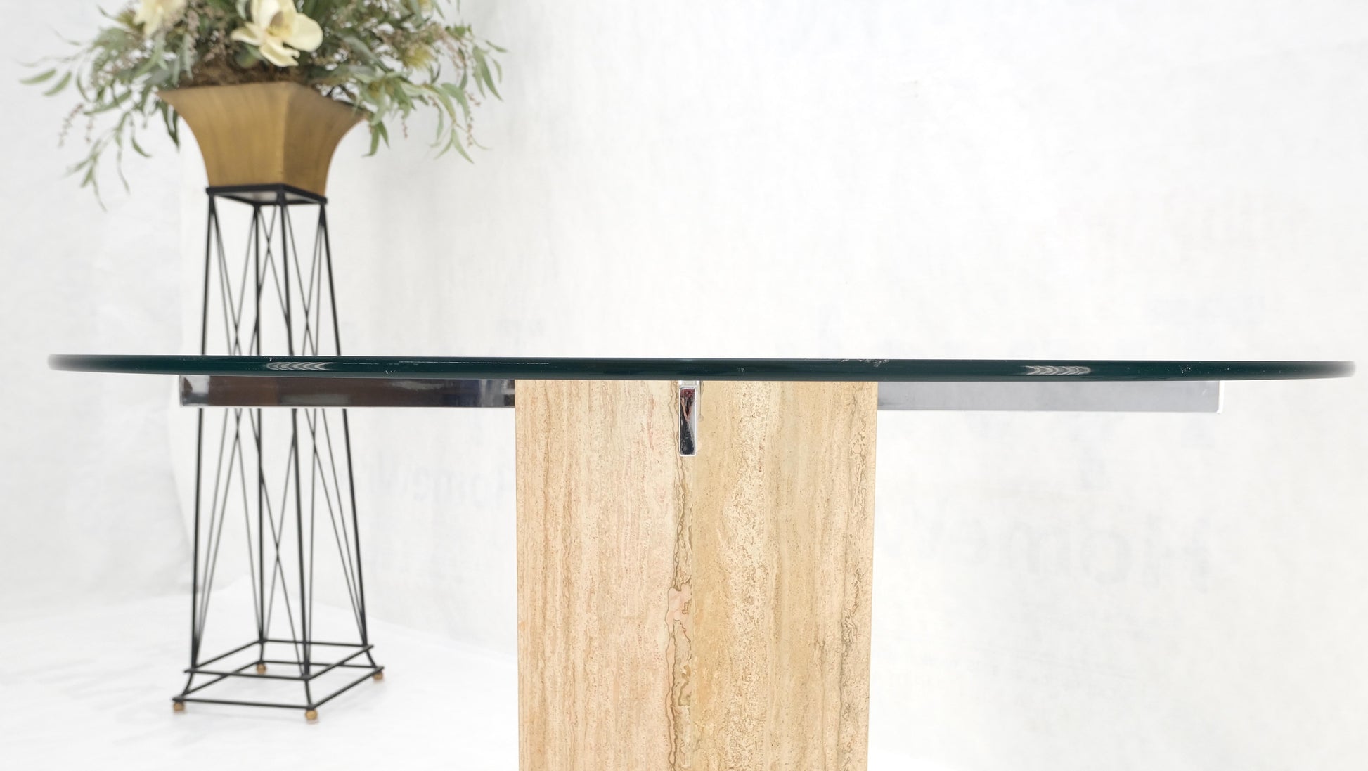 EstablishedLines Hexagon Italian Travertine Base Glass Rond Top Mid-Century Modern Dining Table