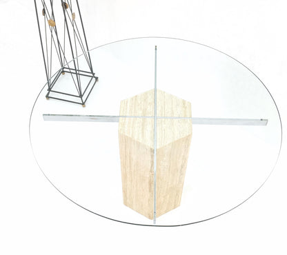 EstablishedLines Hexagon Italian Travertine Base Glass Rond Top Mid-Century Modern Dining Table