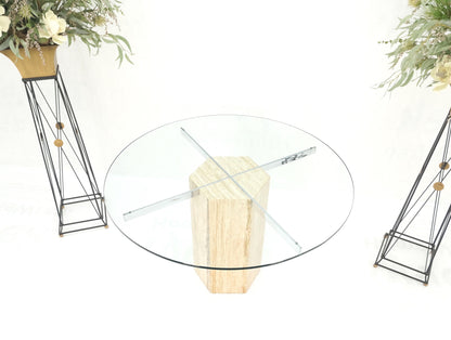 EstablishedLines Hexagon Italian Travertine Base Glass Rond Top Mid-Century Modern Dining Table