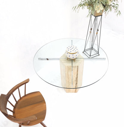 EstablishedLines Hexagon Italian Travertine Base Glass Rond Top Mid-Century Modern Dining Table