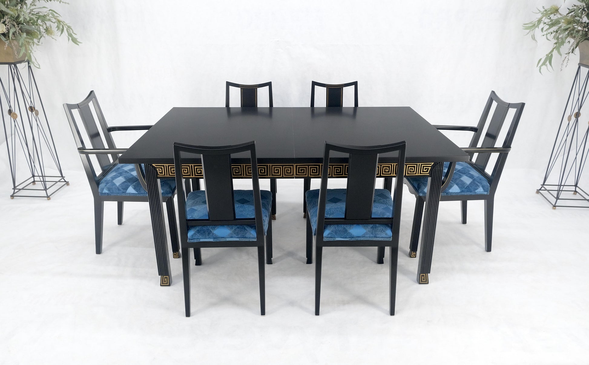 EstablishedLines Black Lacquer Gold Ornament Decorated 6 Chairs 2 Leaves Dining Table Set MINT!