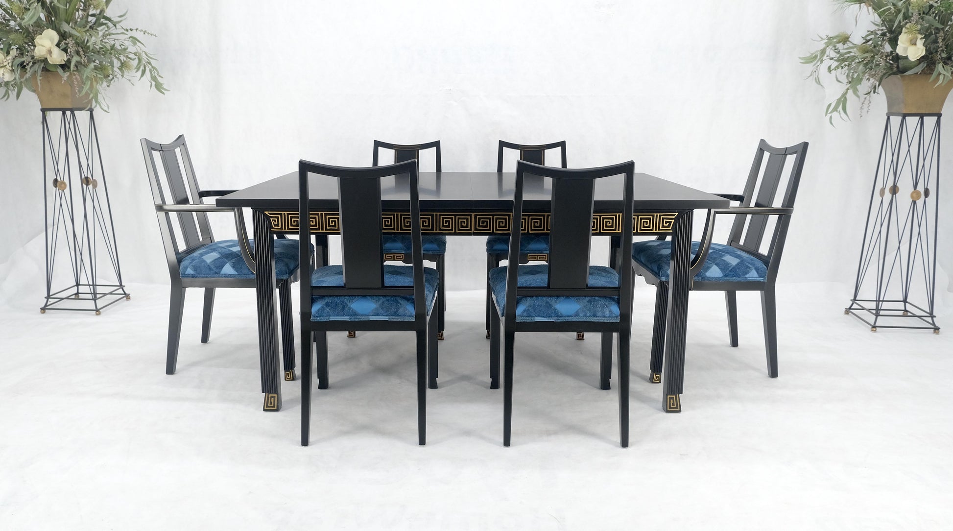 EstablishedLines Black Lacquer Gold Ornament Decorated 6 Chairs 2 Leaves Dining Table Set MINT!