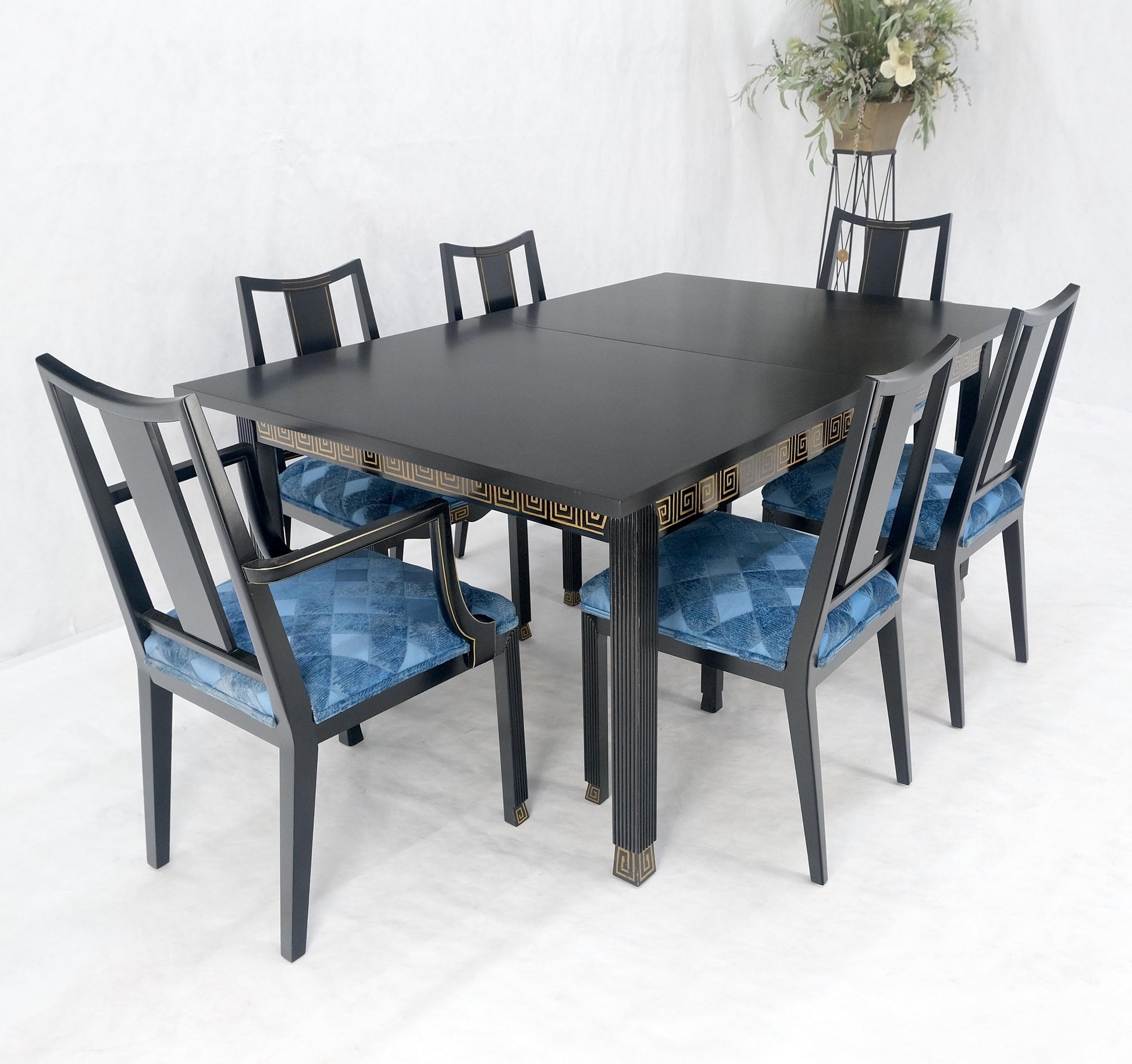 EstablishedLines Black Lacquer Gold Ornament Decorated 6 Chairs 2 Leaves Dining Table Set MINT!