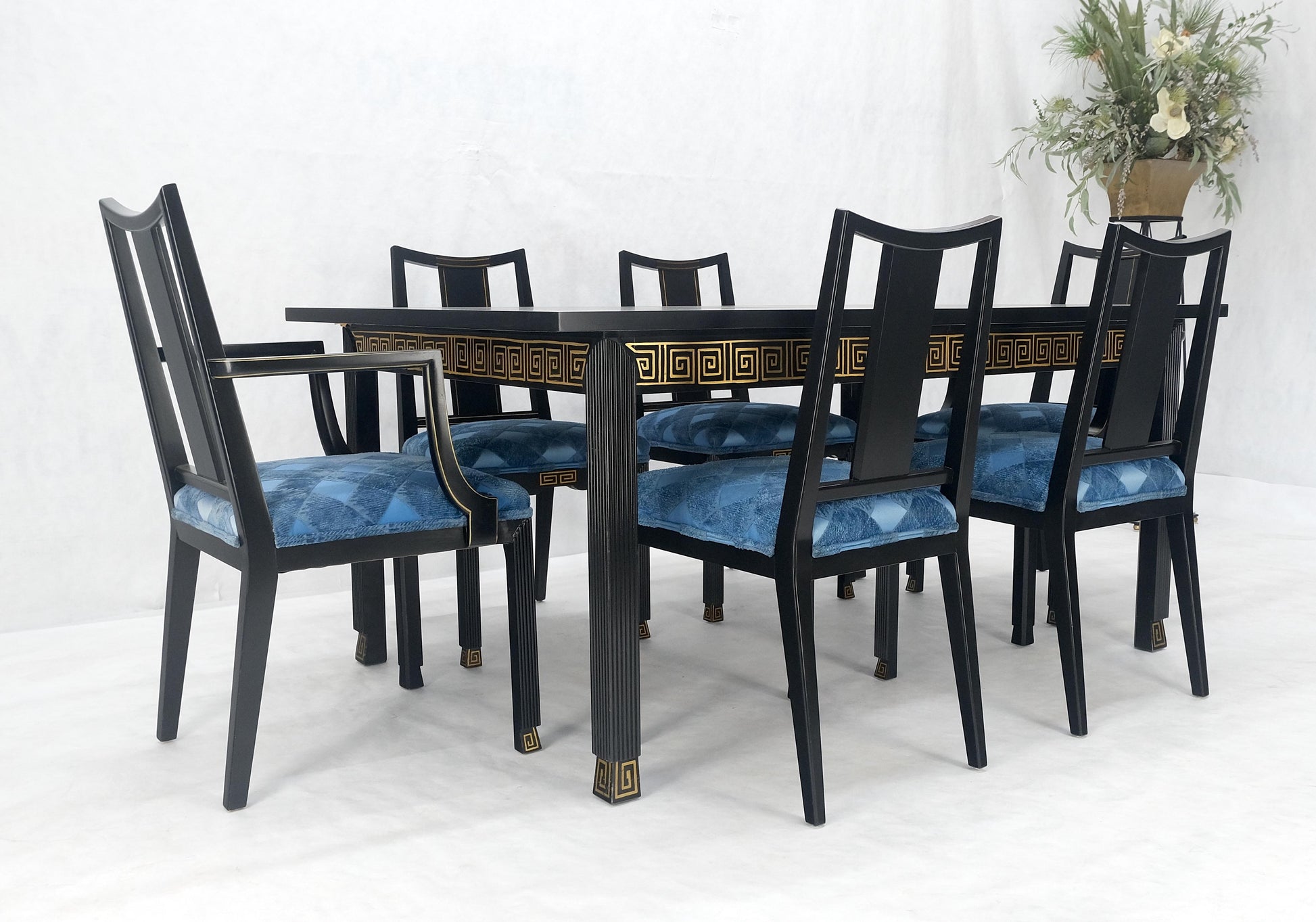 EstablishedLines Black Lacquer Gold Ornament Decorated 6 Chairs 2 Leaves Dining Table Set MINT!