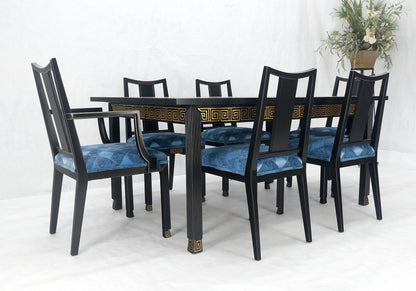 EstablishedLines Black Lacquer Gold Ornament Decorated 6 Chairs 2 Leaves Dining Table Set MINT!