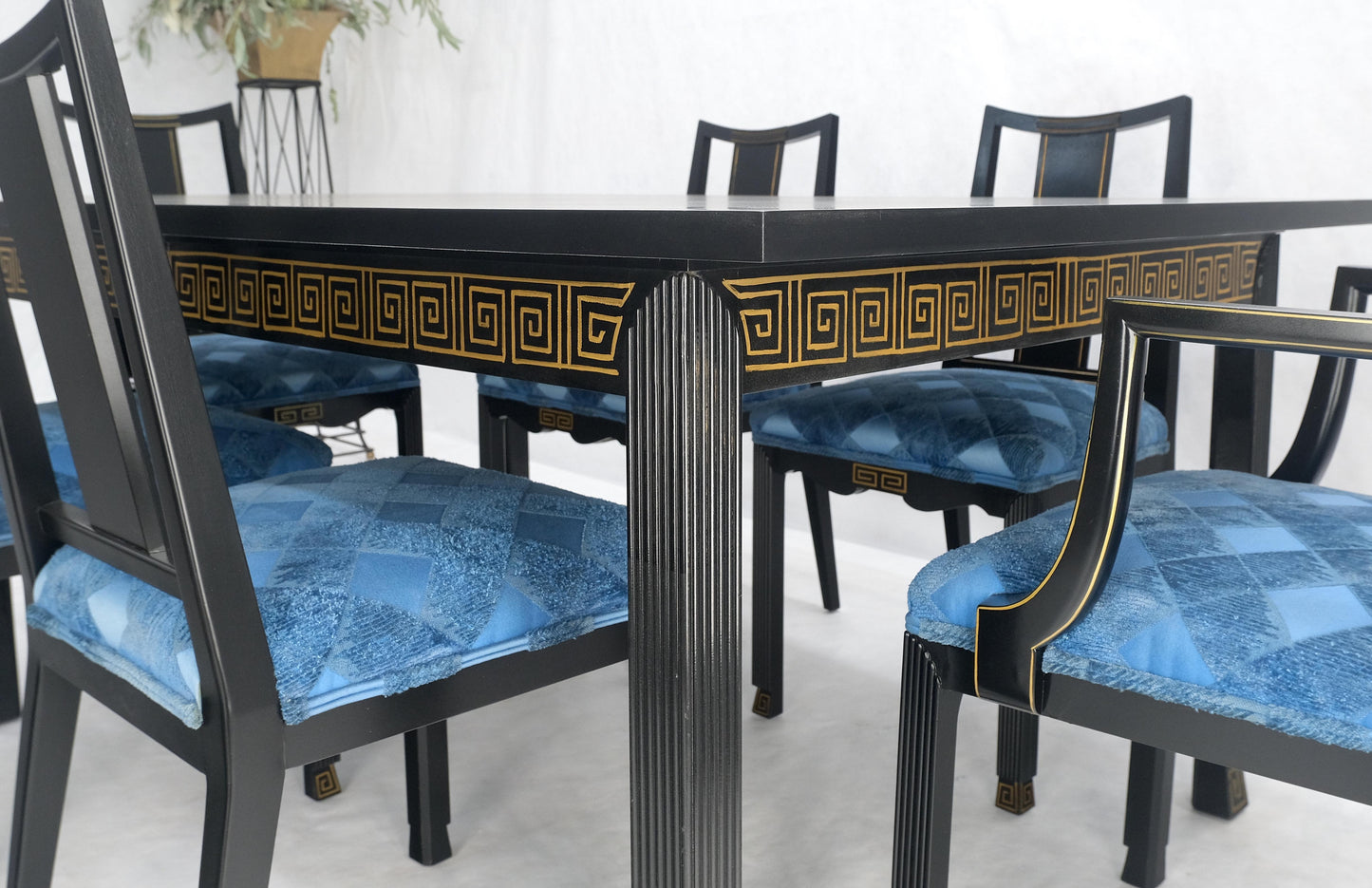 EstablishedLines Black Lacquer Gold Ornament Decorated 6 Chairs 2 Leaves Dining Table Set MINT!