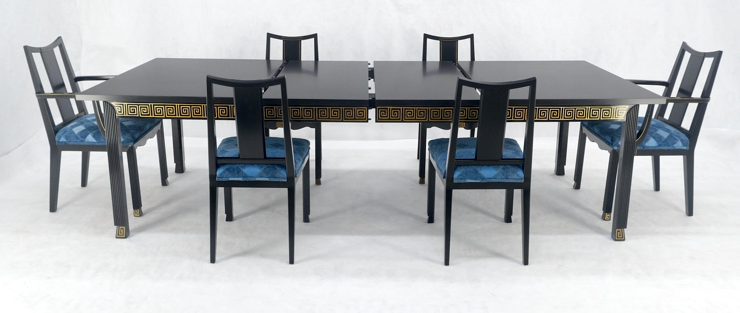 EstablishedLines Black Lacquer Gold Ornament Decorated 6 Chairs 2 Leaves Dining Table Set MINT!