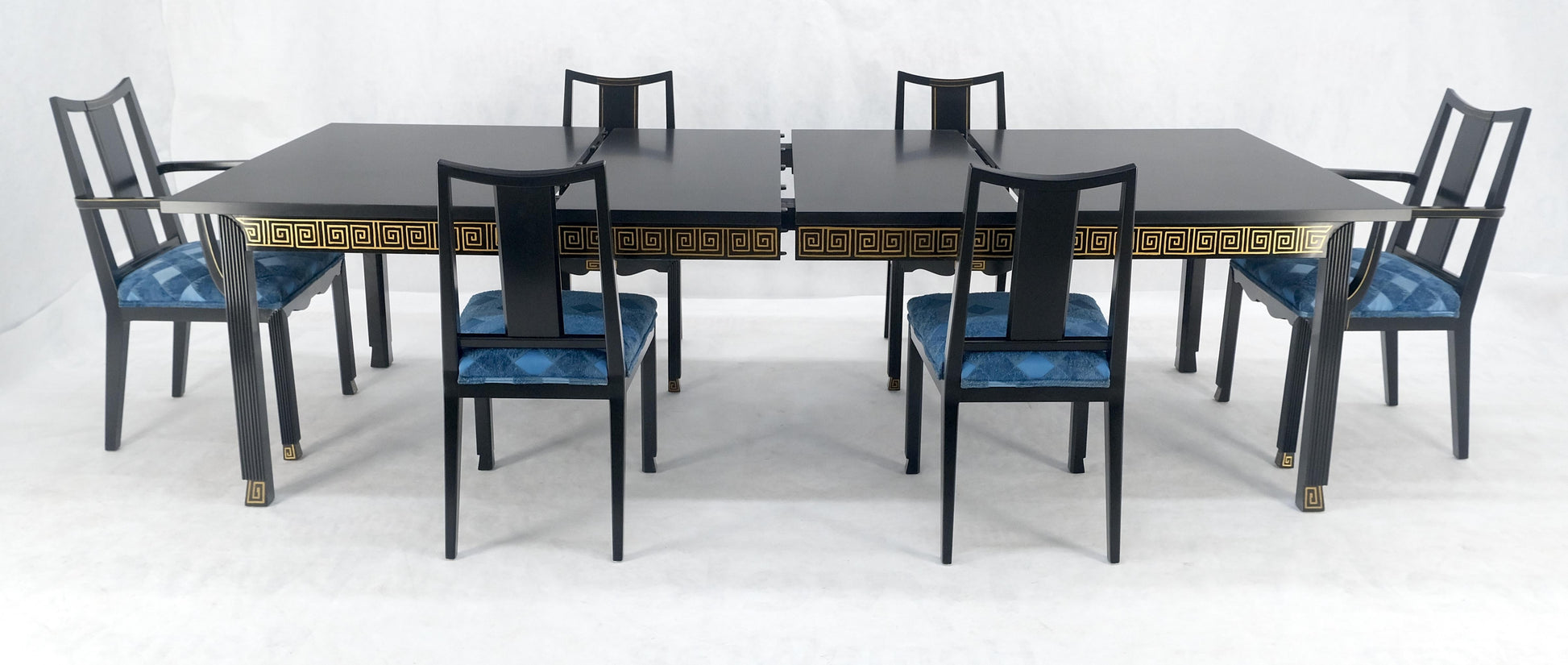 EstablishedLines Black Lacquer Gold Ornament Decorated 6 Chairs 2 Leaves Dining Table Set MINT!
