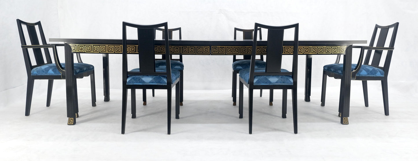 EstablishedLines Black Lacquer Gold Ornament Decorated 6 Chairs 2 Leaves Dining Table Set MINT!