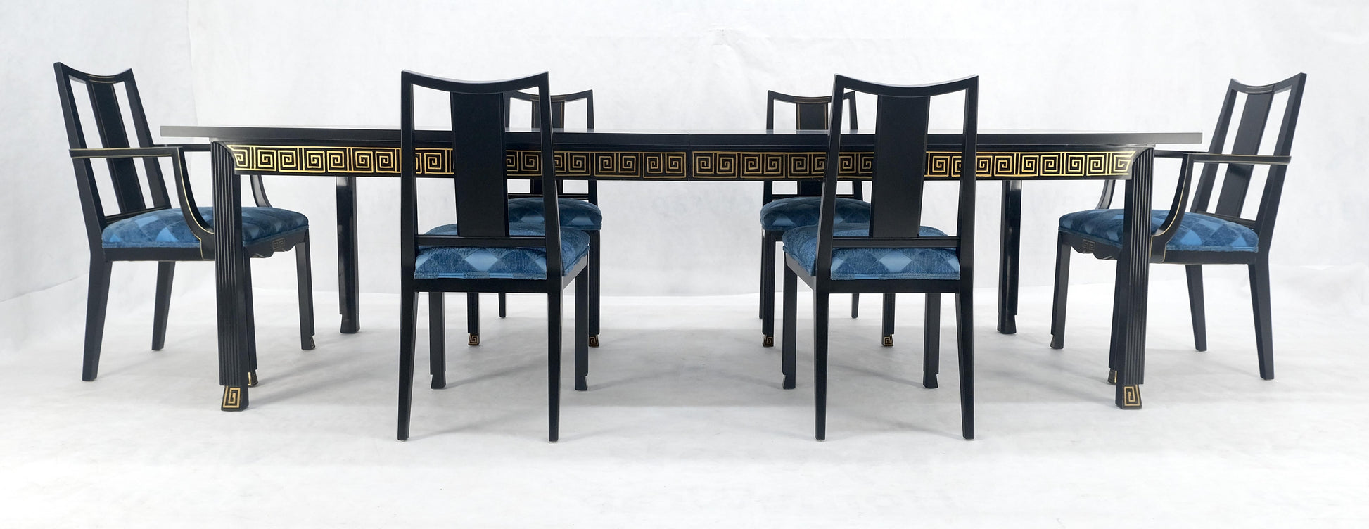 EstablishedLines Black Lacquer Gold Ornament Decorated 6 Chairs 2 Leaves Dining Table Set MINT!