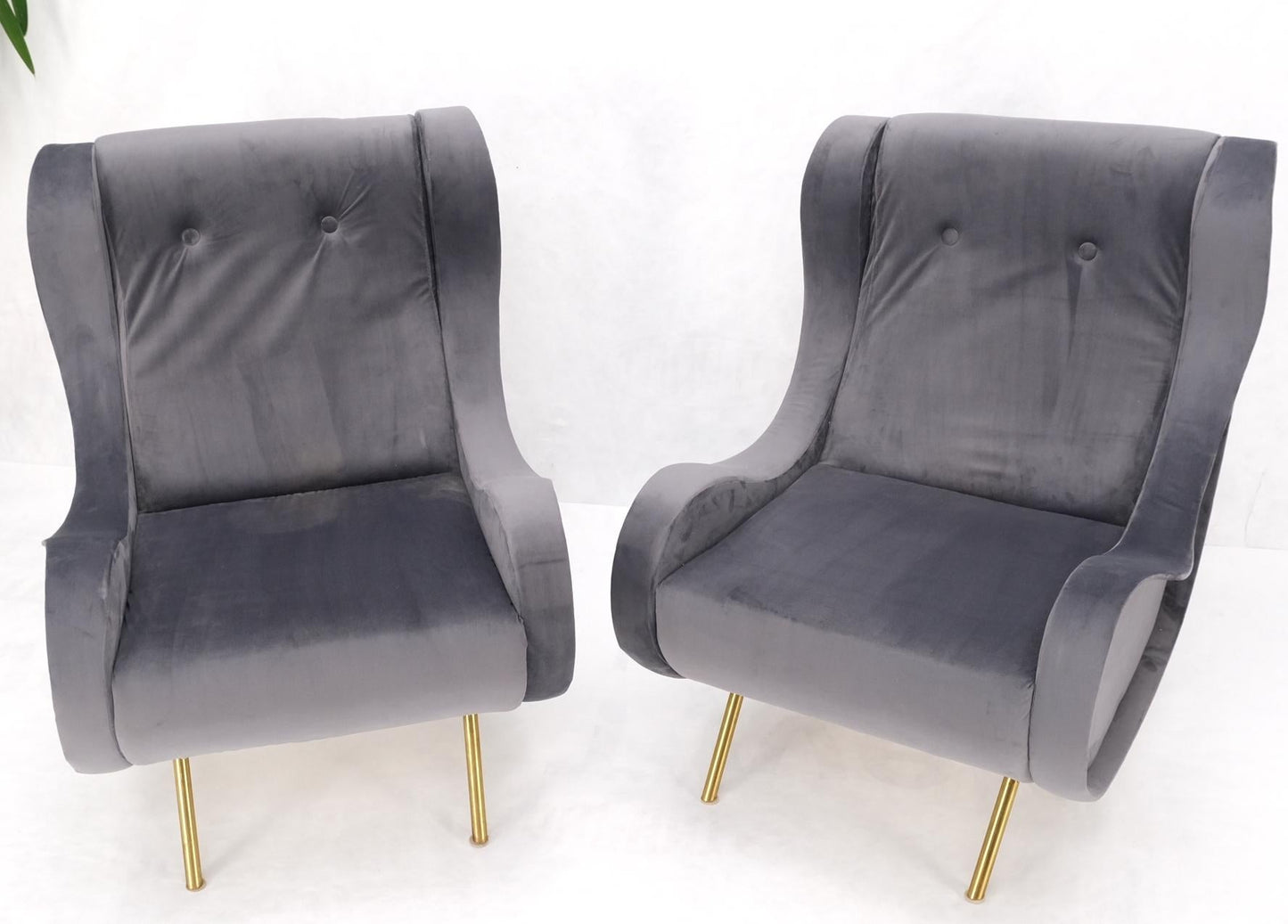 EstablishedLines Pair Italian Mid-Century Modern Brass Legs Grey Arm Lounge Chairs