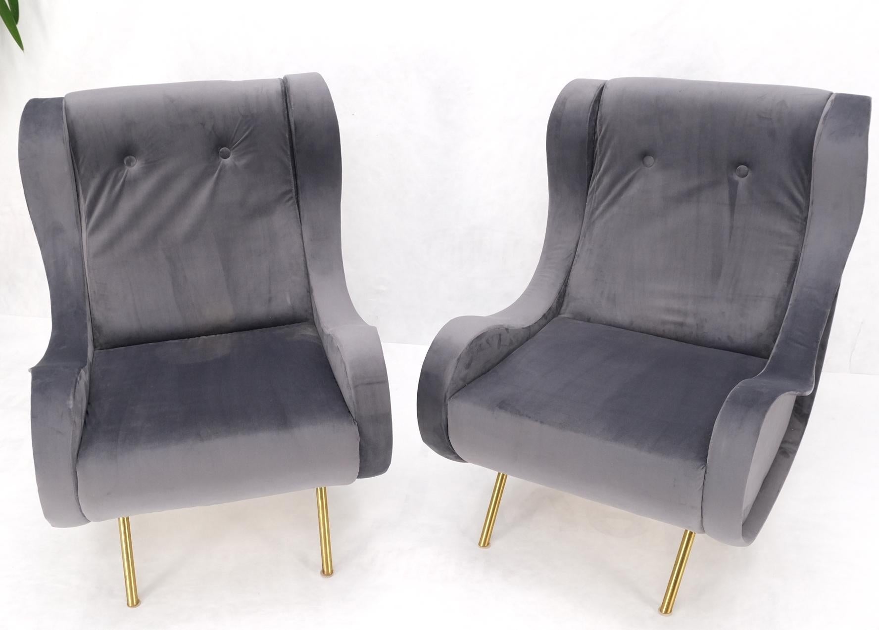 EstablishedLines Pair Italian Mid-Century Modern Brass Legs Grey Arm Lounge Chairs