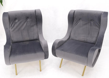 EstablishedLines Pair Italian Mid-Century Modern Brass Legs Grey Arm Lounge Chairs