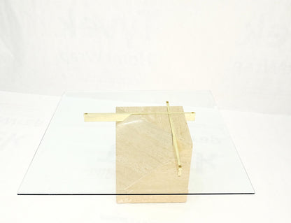 EstablishedLines Travertine Cube Base Square Glass Top Italian Mid-Century Modern Coffee Table